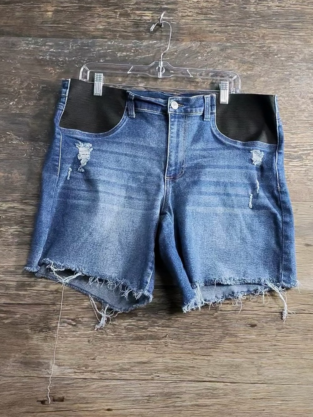 Time and Tru Blue Distressed Maternity Denim Shorts with Black Side Panels